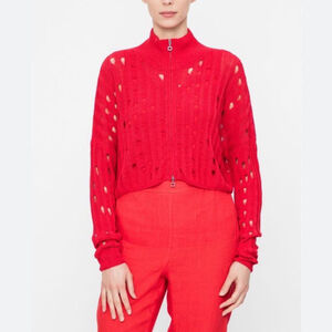Sarah Pacini red open work knit zip linen blend crop cardigan One Size